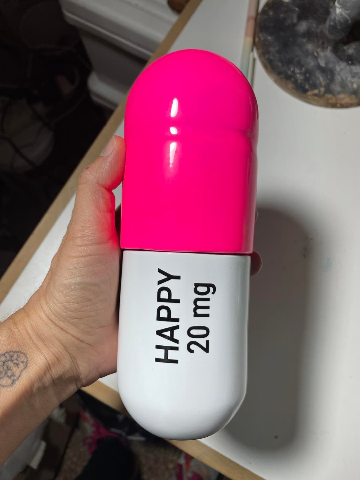 Ceramic Happy Pill - Fluorescent pink and White