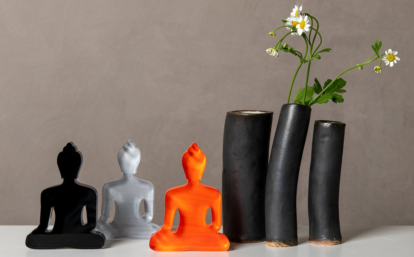 Buddha statue set of 3 - Black, Gray and Orange