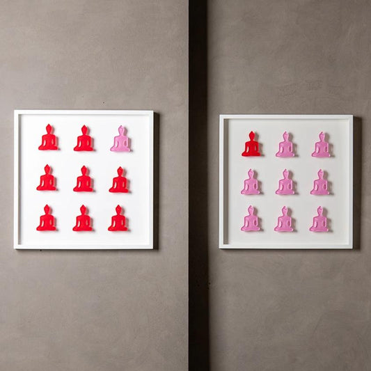 Nine No. 10 & 11 - diptych pink and red buddha wall sculpture