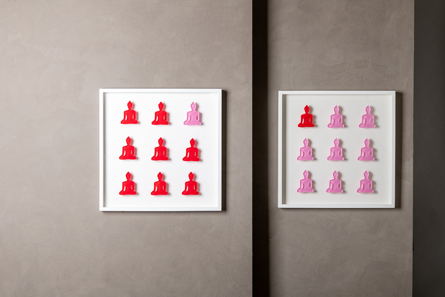 Nine No. 10 & 11 - diptych pink and red buddha wall sculpture