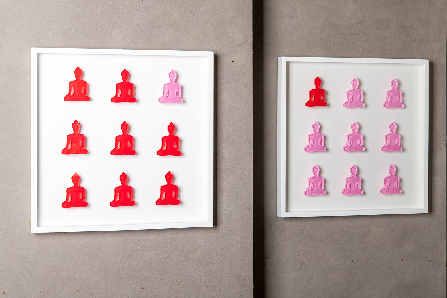 Nine No. 10 & 11 - diptych pink and red buddha wall sculpture