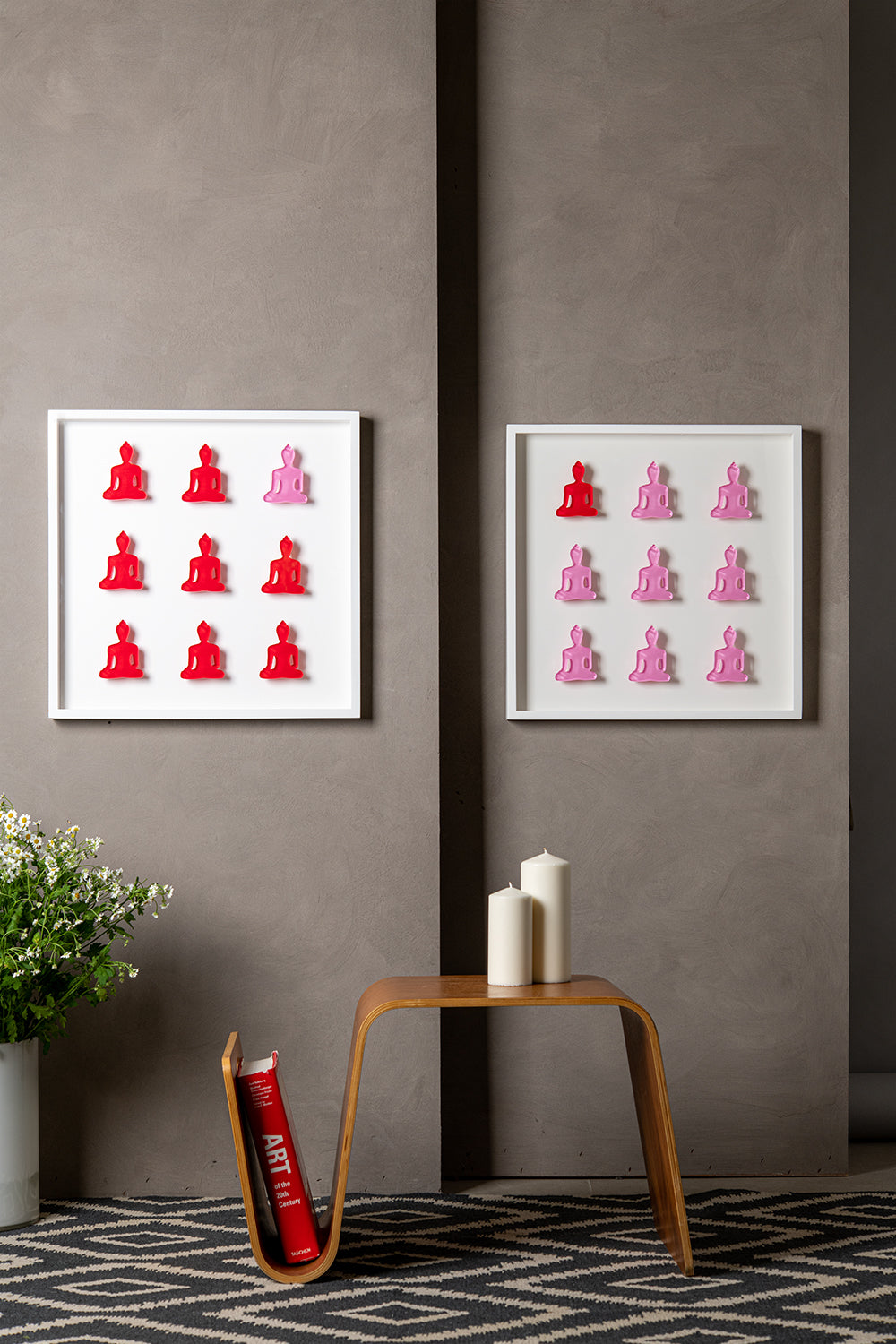 Nine No. 10 & 11 - diptych pink and red buddha wall sculpture