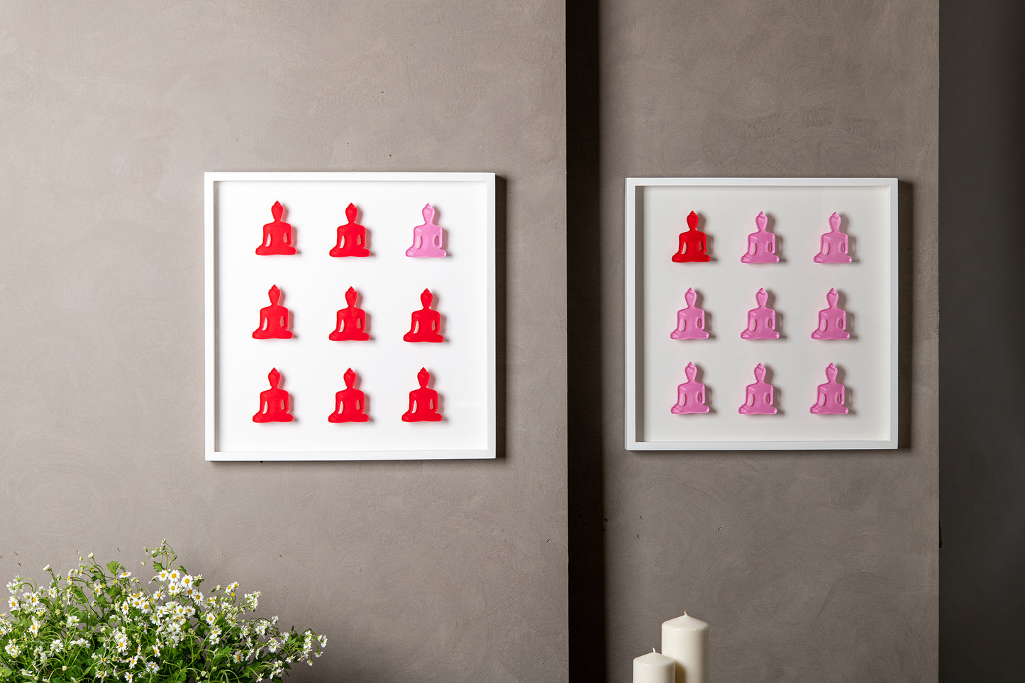 Nine No. 10 & 11 - diptych pink and red buddha wall sculpture