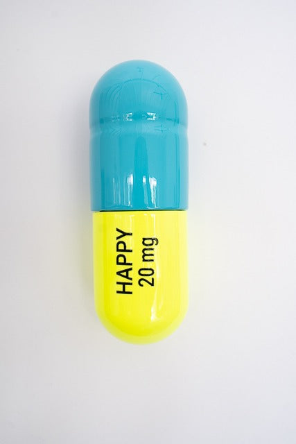 Ceramic Happy Pill - Turquoise and Fluorescent Yellow